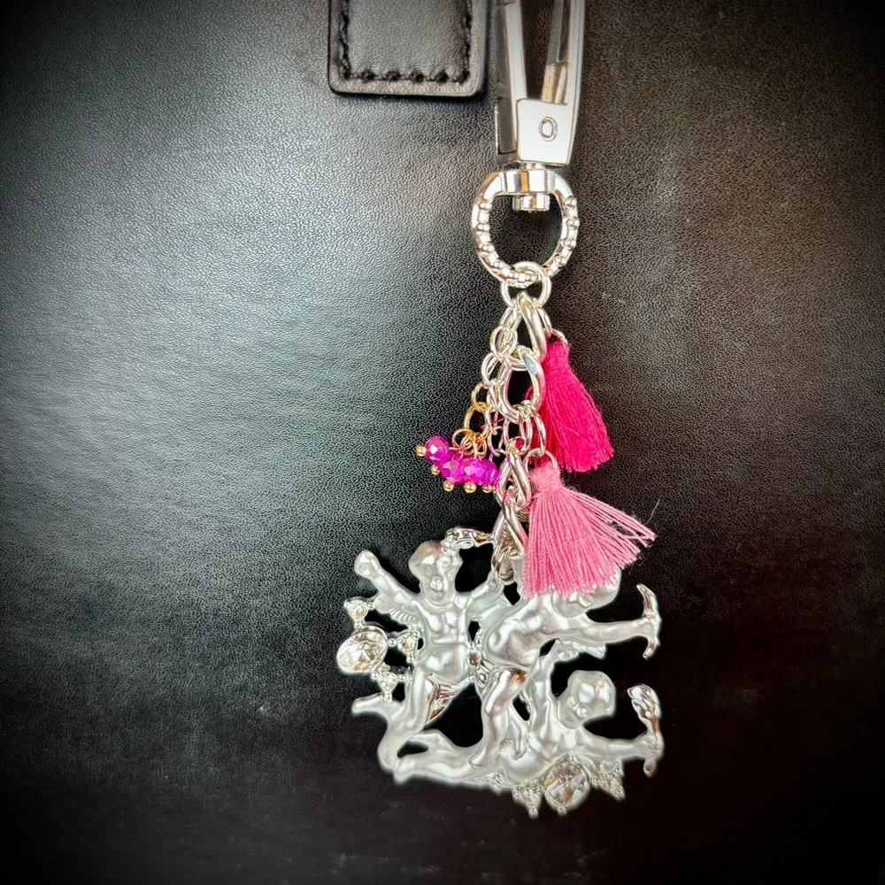 Silver Cherub Bag Charm with Pink Tassels & Rhinestone Accents Handmade‎